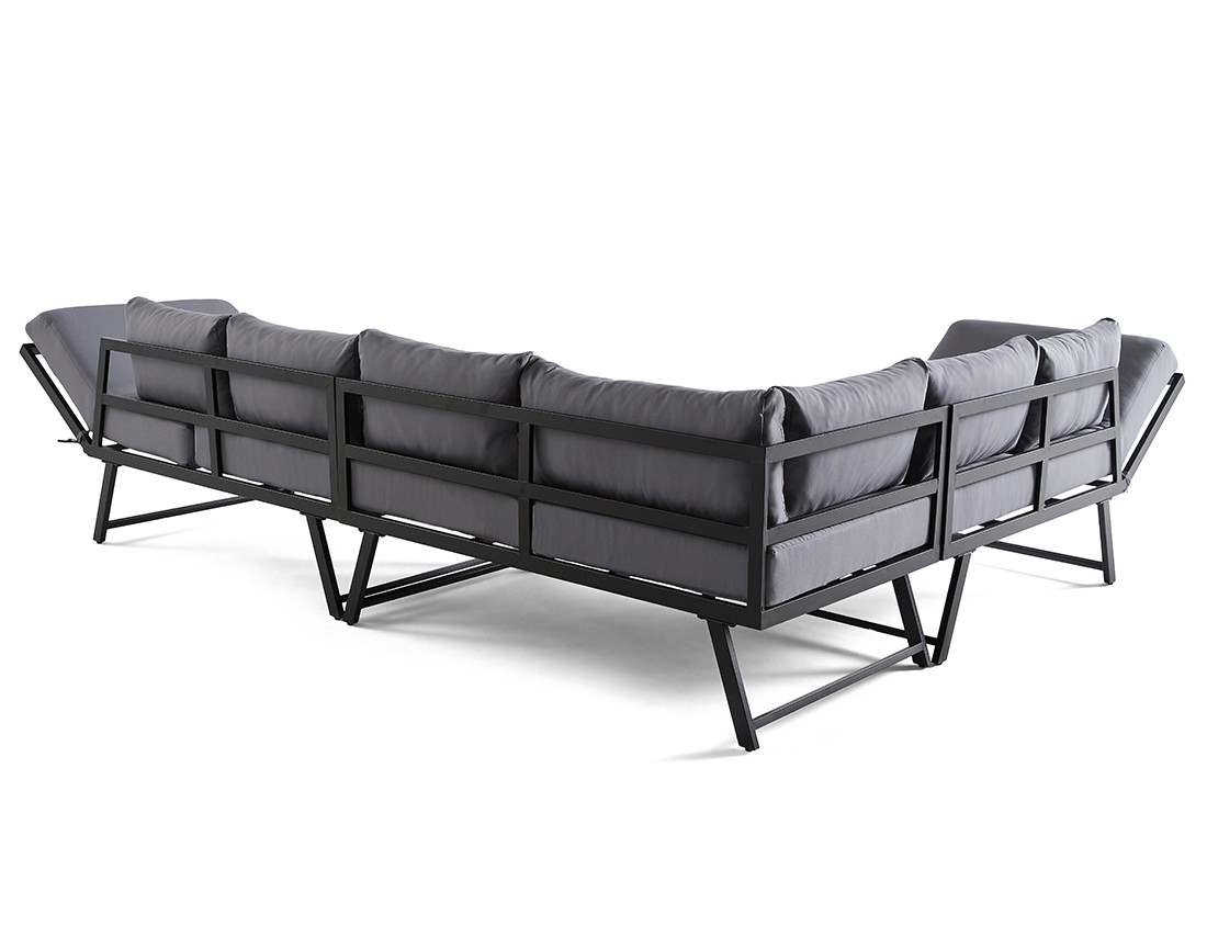 Salon de jardin d’angle en acier noir 5 places coussin gris et table incluse Konna