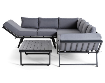 Salon de jardin d’angle en acier noir 5 places coussin gris et table incluse Konna