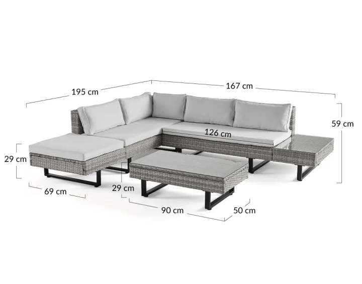 Salon de jardin d’angle en résine grise 5 places coussins gris clair et table incluse Sashi