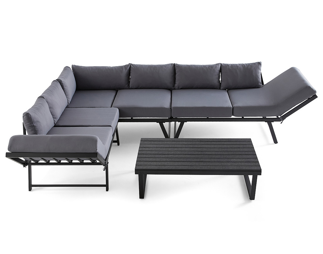 Salon de jardin d’angle en acier noir 5 places coussin gris et table incluse Konna