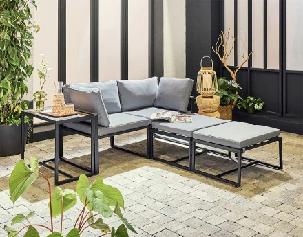 Salon de jardin modulable en acier noir 4 places coussins gris Beyla