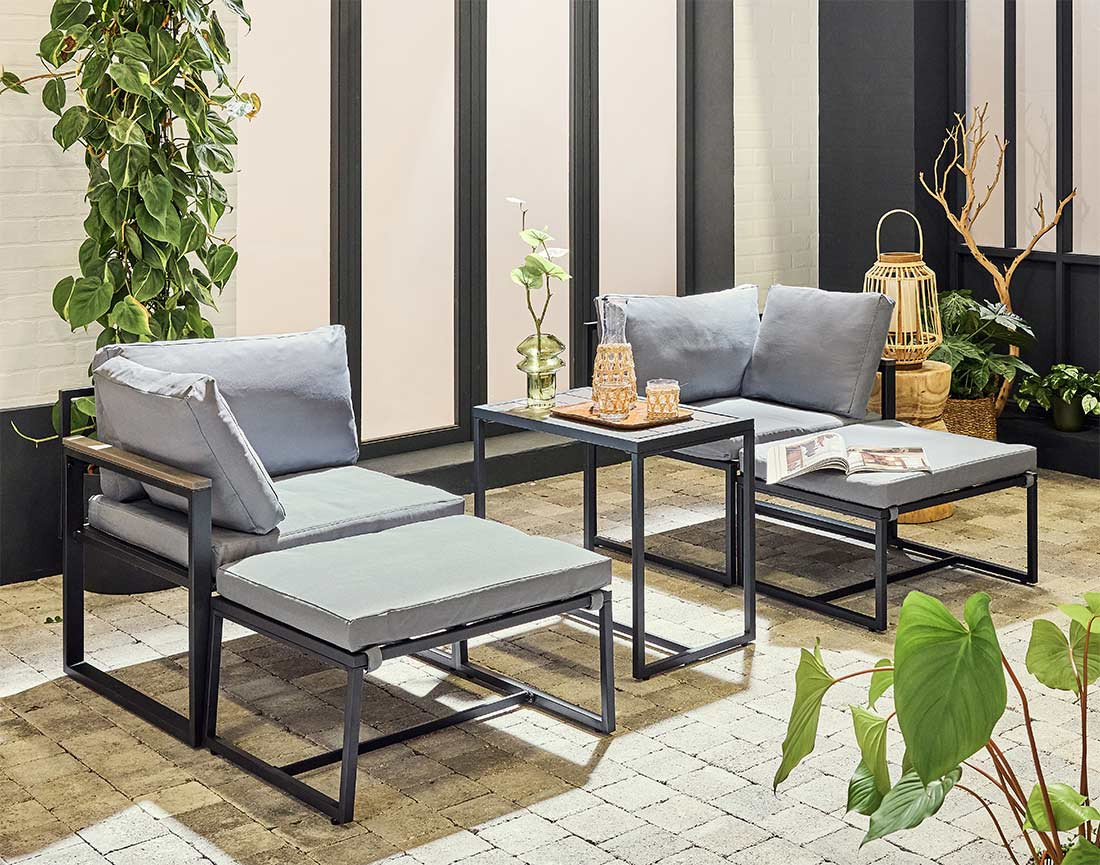 Salon de jardin modulable en acier noir 4 places coussins gris Beyla
