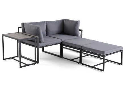 Salon de jardin modulable en acier noir 4 places coussins gris Beyla