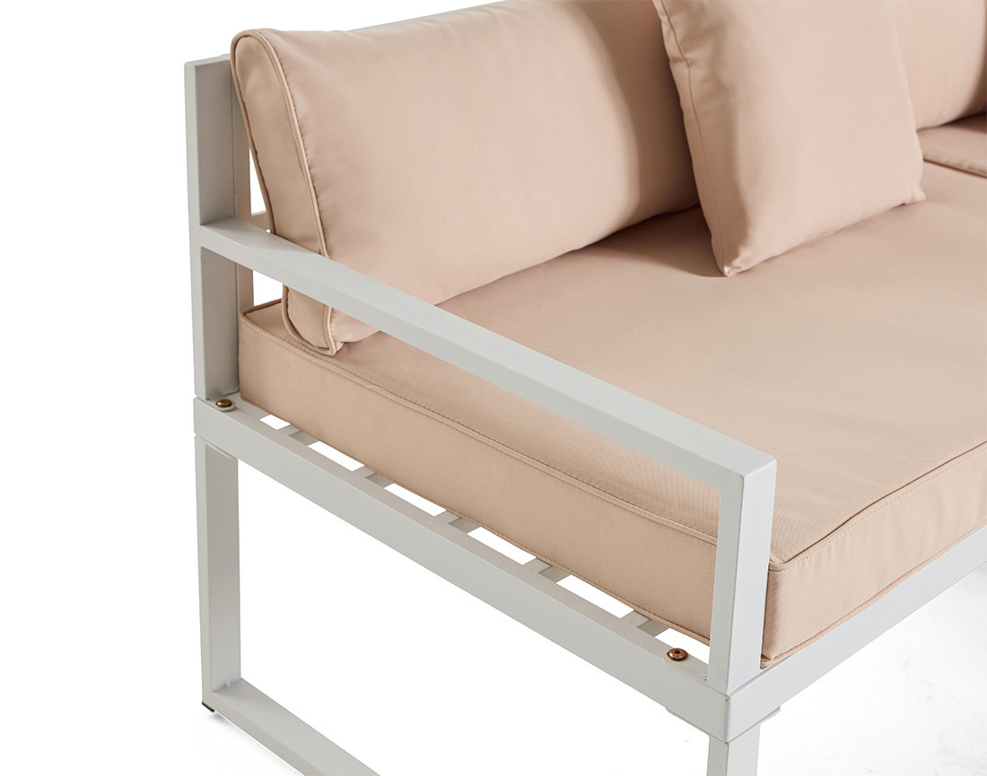 Salon de jardin d’angle en acier blanc 5 places coussins beige et table incluse Anoha