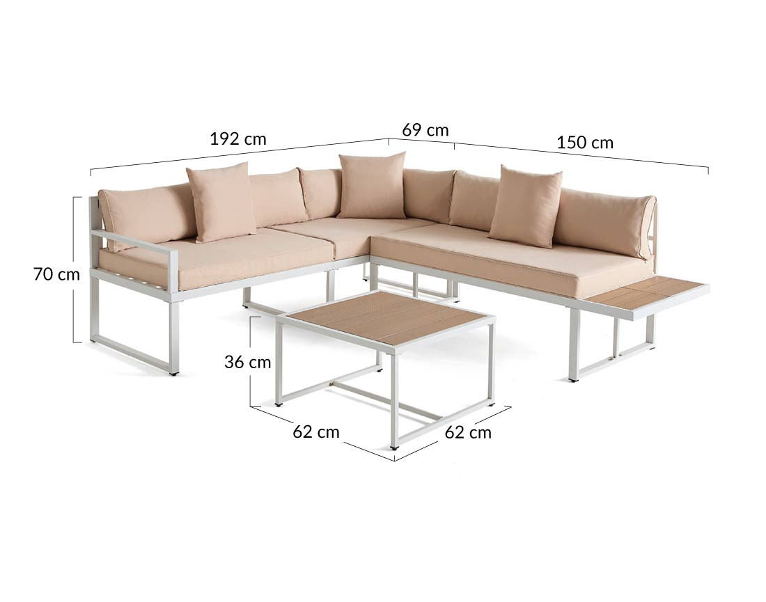 Salon de jardin d’angle en acier blanc 5 places coussins beige et table incluse Anoha