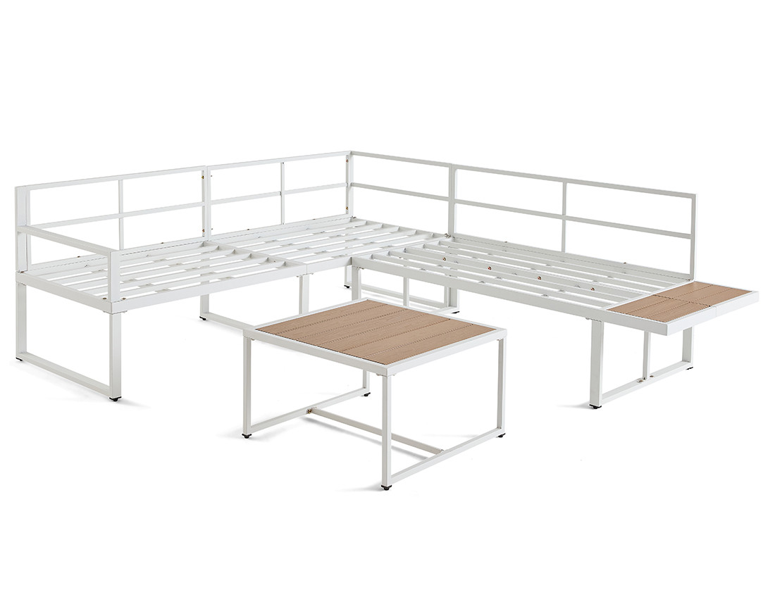 Salon de jardin d’angle en acier blanc 5 places coussins beige et table incluse Anoha