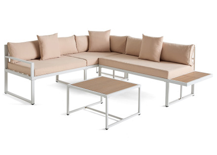 Salon de jardin d’angle en acier blanc 5 places coussins beige et table incluse Anoha