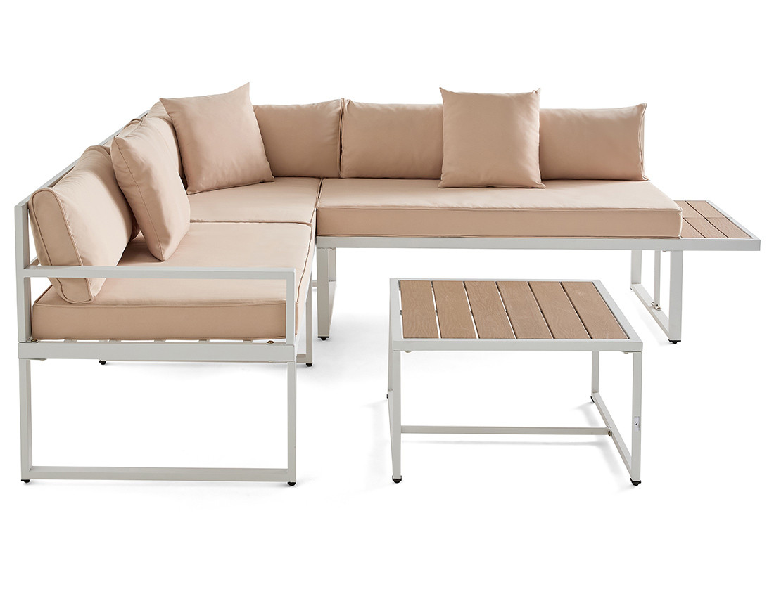 Salon de jardin d’angle en acier blanc 5 places coussins beige et table incluse Anoha