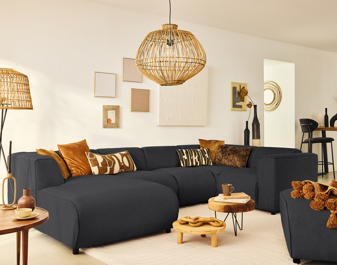 Canapé modulable panoramique d'angle droit 7 places en tissu texturé Suaro Canapé modulable panoramique d'angle droit 7 places en tissu texturé Suaro