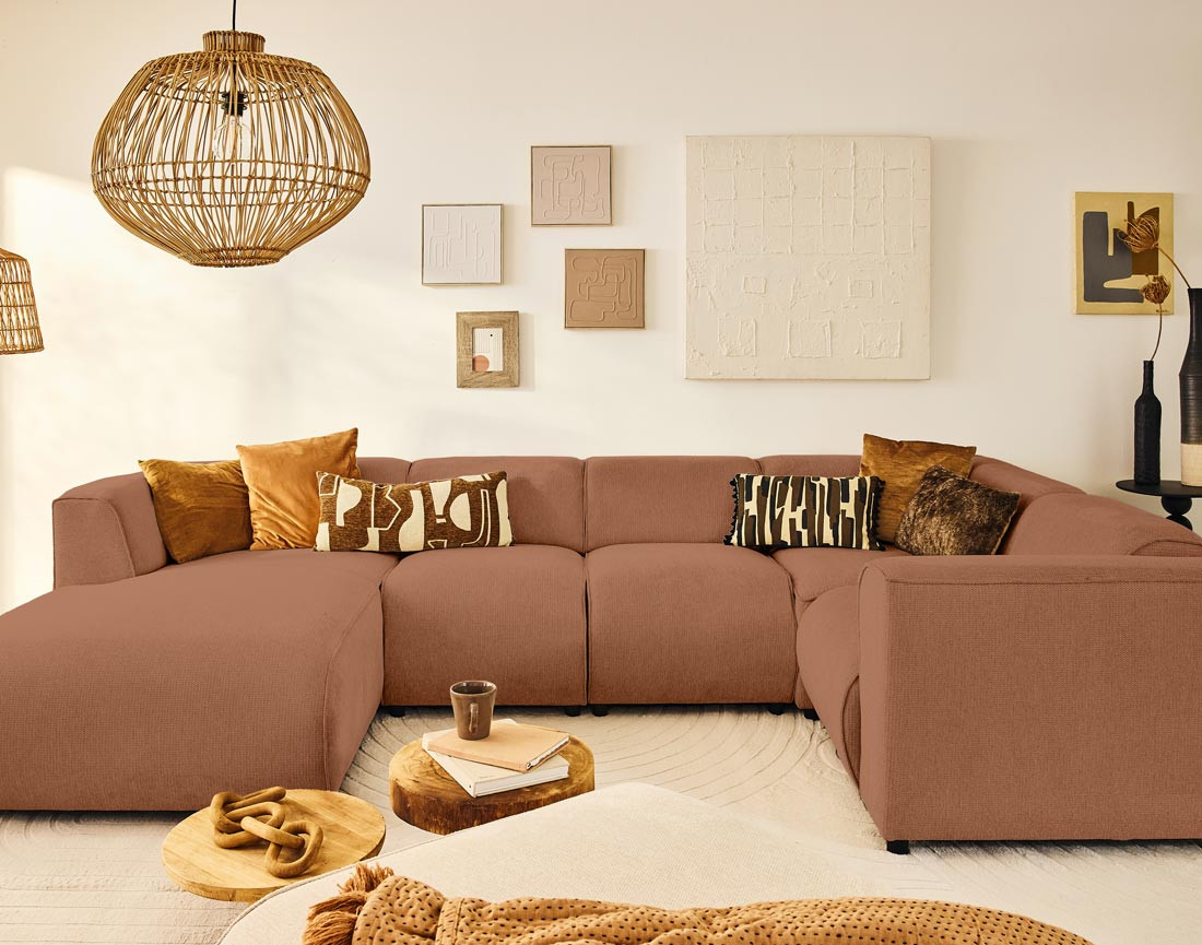 Canapé modulable panoramique d'angle droit 7 places en tissu texturé Suaro