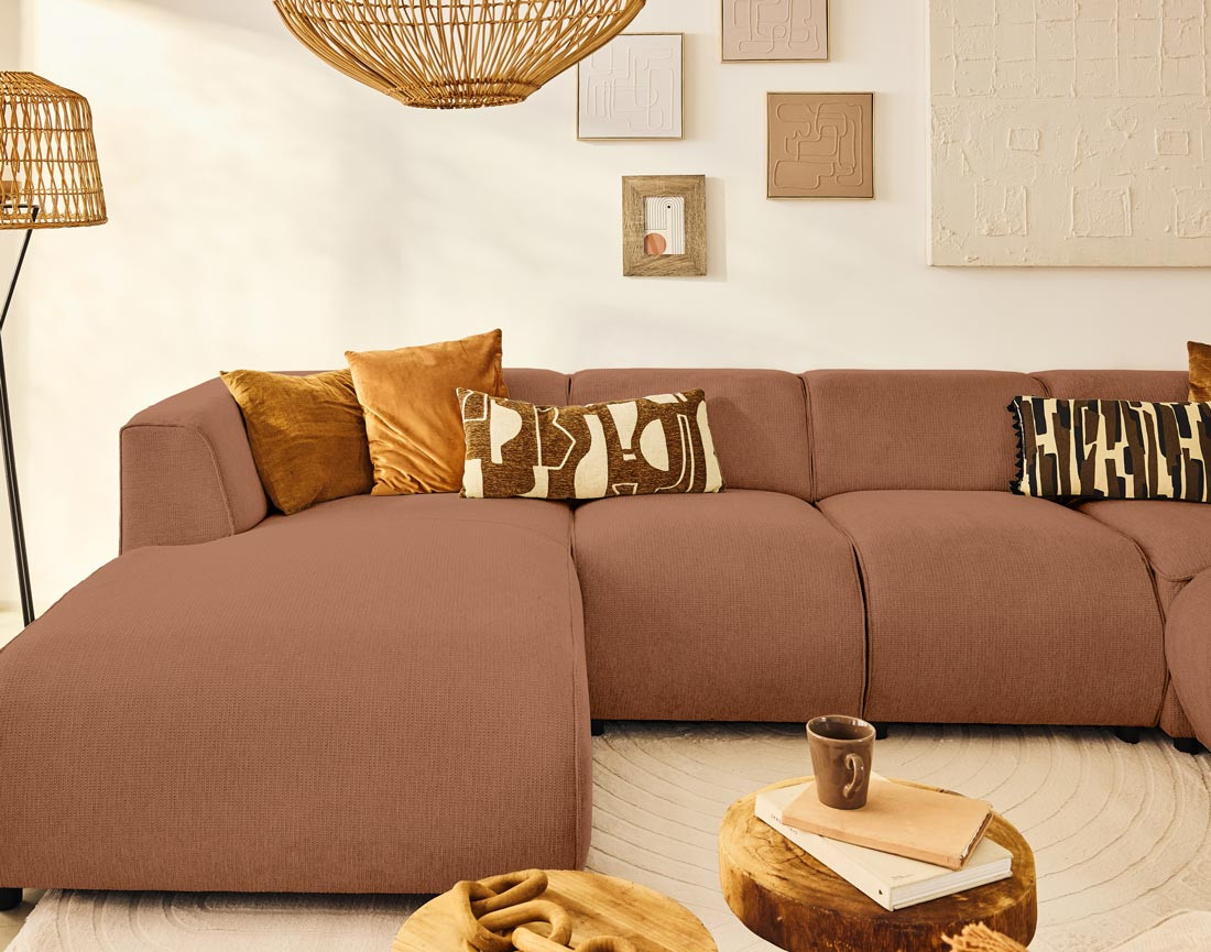 Canapé modulable panoramique d'angle droit 7 places en tissu texturé Suaro