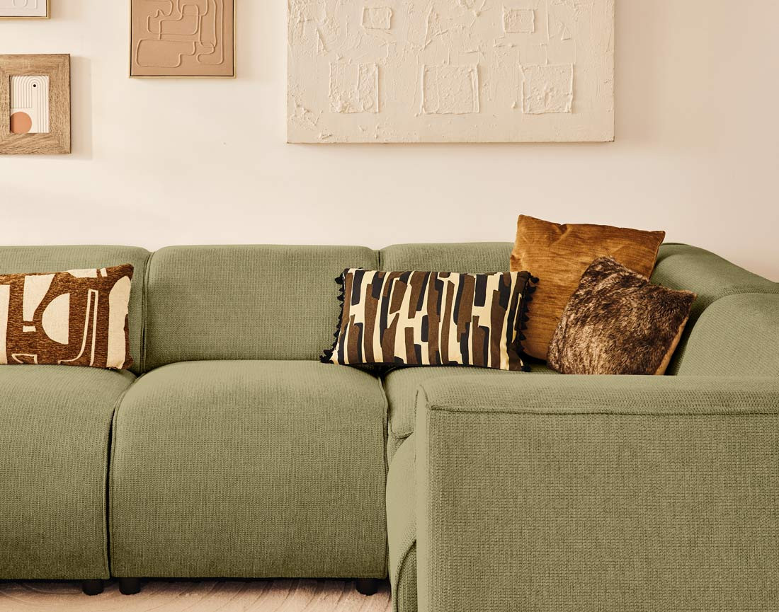 Canapé modulable panoramique d'angle droit 7 places en tissu texturé Suaro