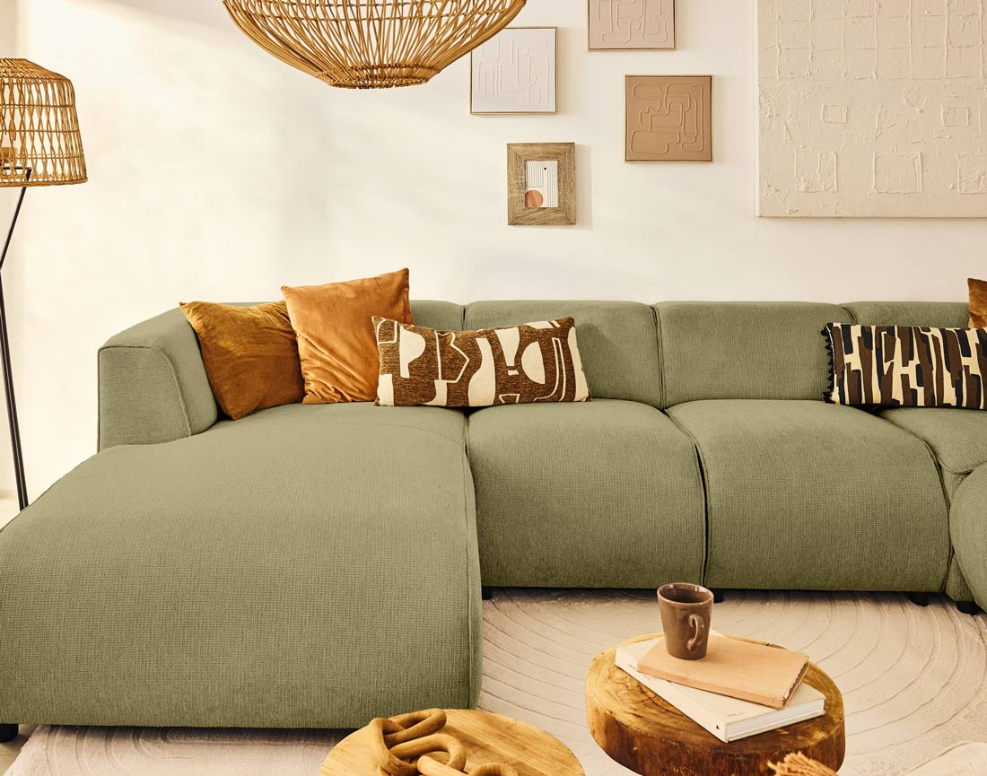 Canapé modulable panoramique d'angle droit 7 places en tissu texturé Suaro