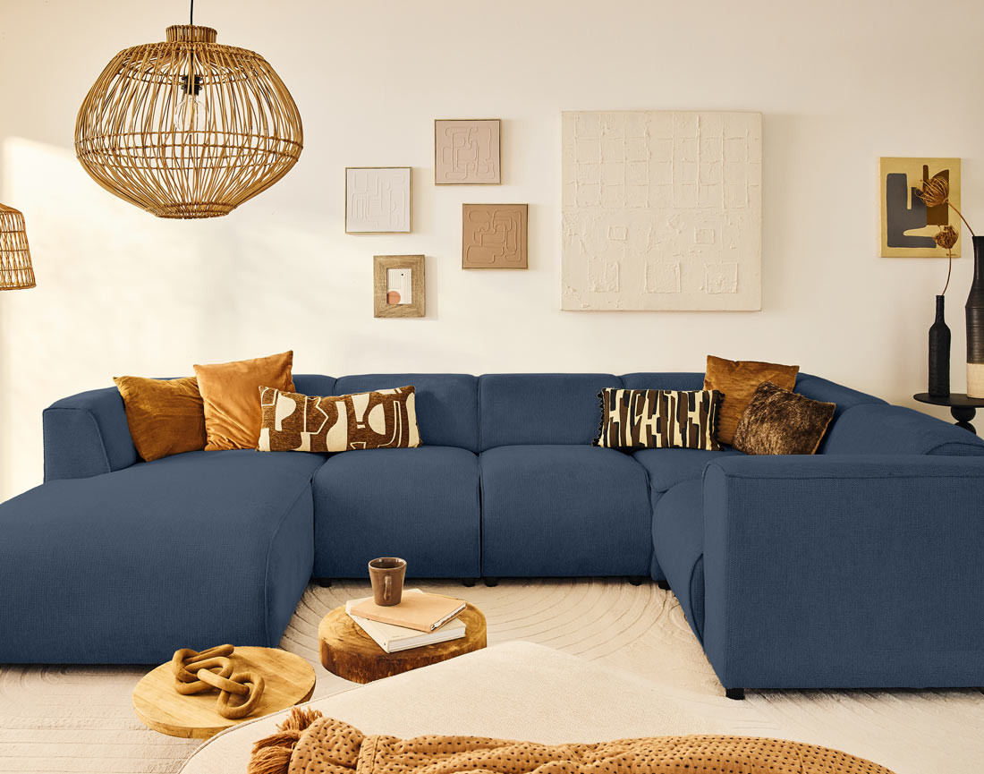 Canapé modulable panoramique d'angle droit 7 places en tissu texturé Suaro