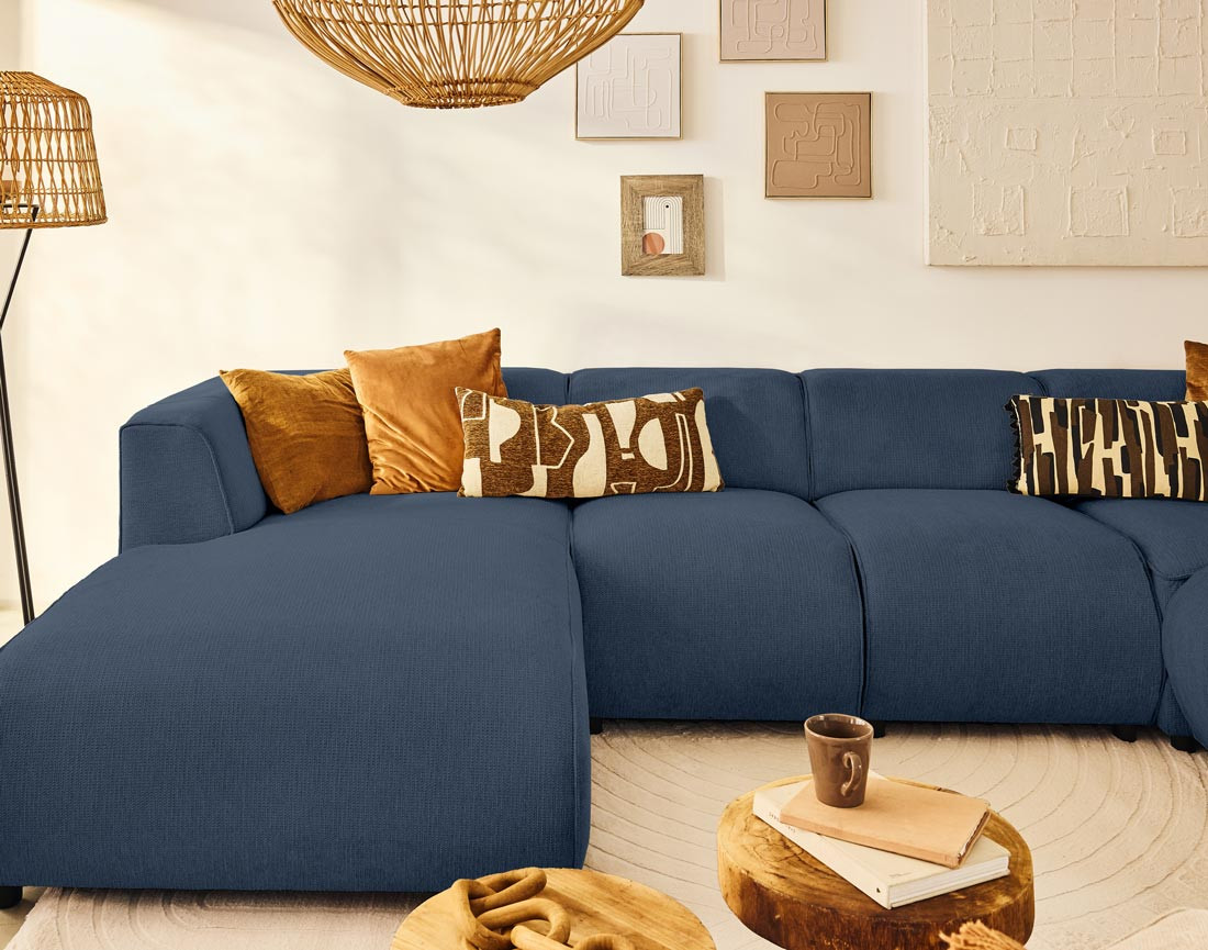 Canapé modulable panoramique d'angle droit 7 places en tissu texturé Suaro