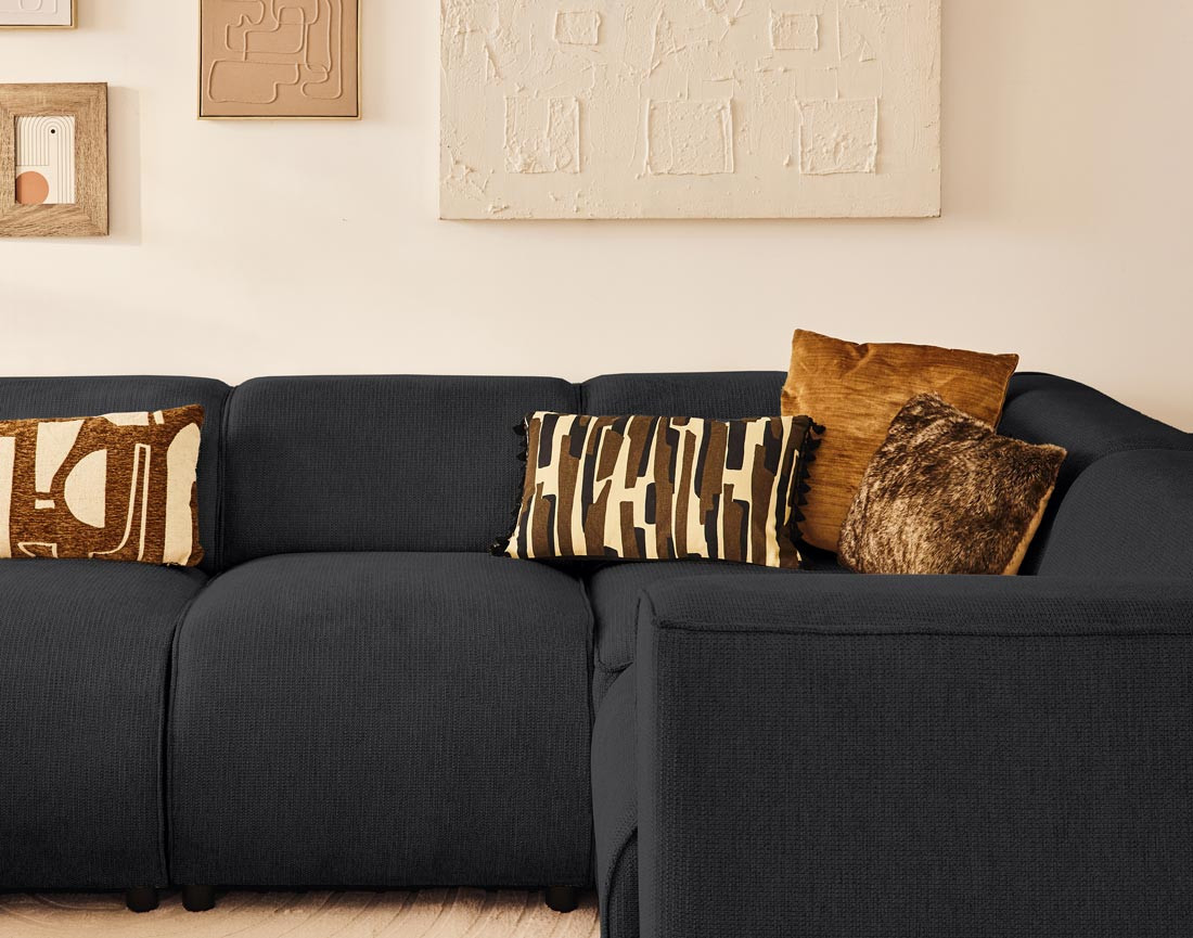 Canapé modulable panoramique d'angle droit 7 places en tissu texturé Suaro Canapé modulable panoramique d'angle droit 7 places en tissu texturé Suaro