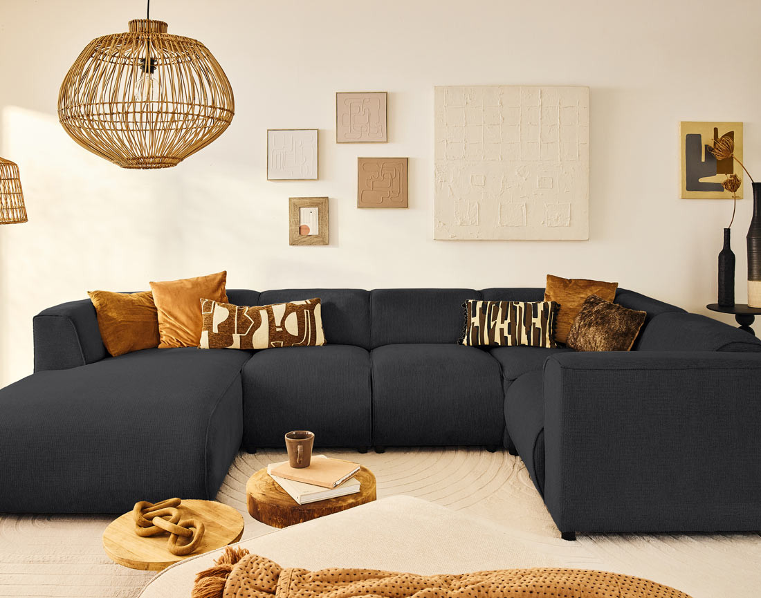 Canapé modulable panoramique d'angle droit 7 places en tissu texturé Suaro Canapé modulable panoramique d'angle droit 7 places en tissu texturé Suaro