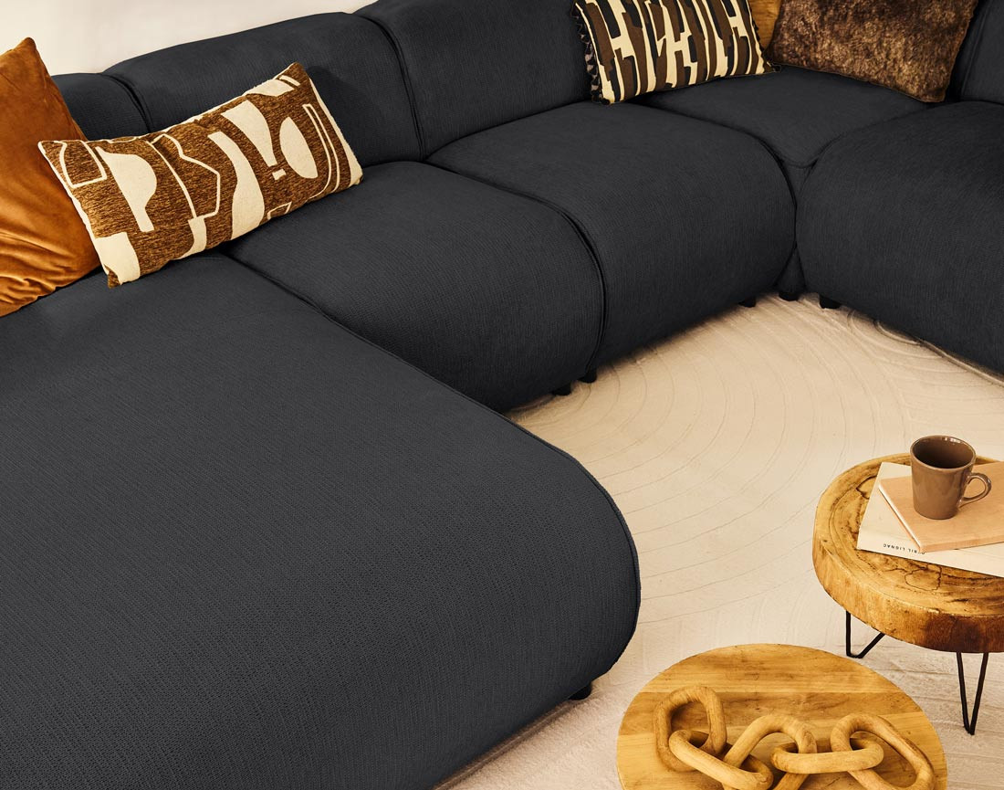 Canapé modulable panoramique d'angle droit 7 places en tissu texturé Suaro Canapé modulable panoramique d'angle droit 7 places en tissu texturé Suaro