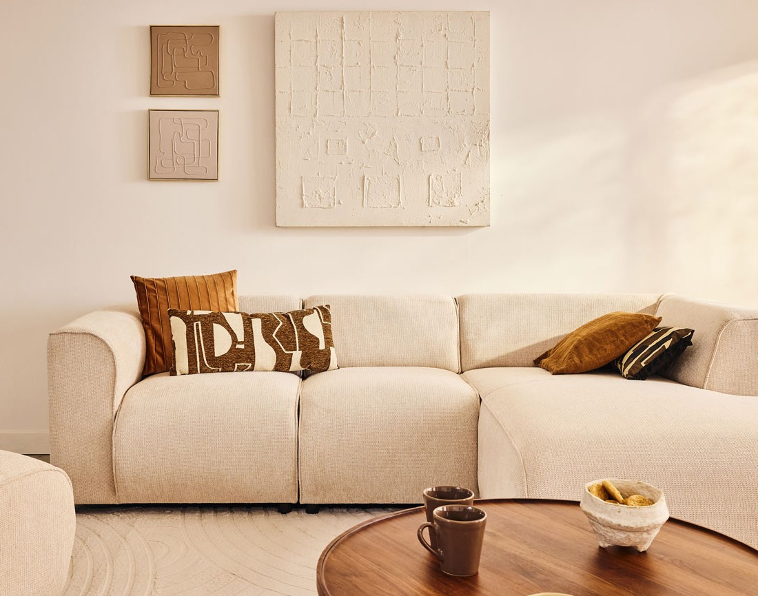 Canapé modulable d'angle droit 4 places en tissu texturé Suaro Canapé modulable d'angle droit 4 places en tissu texturé Suaro