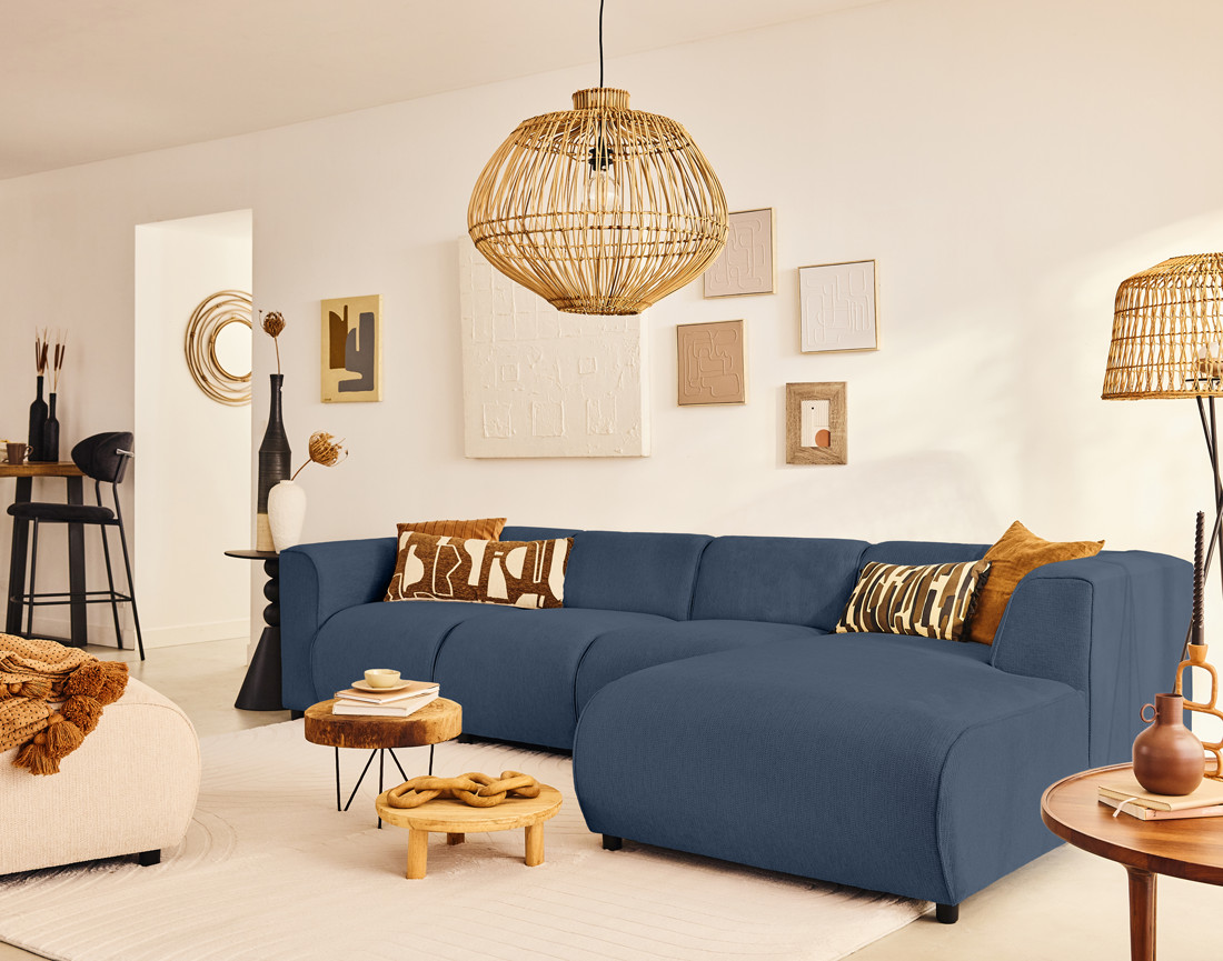 Canapé modulable d'angle droit 5 places en tissu texturé Suaro