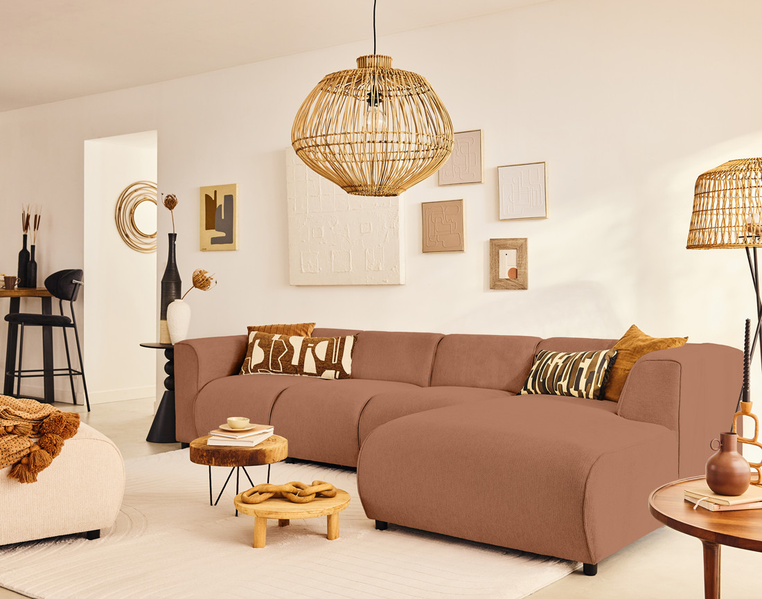 Canapé modulable d'angle droit 5 places en tissu texturé Suaro