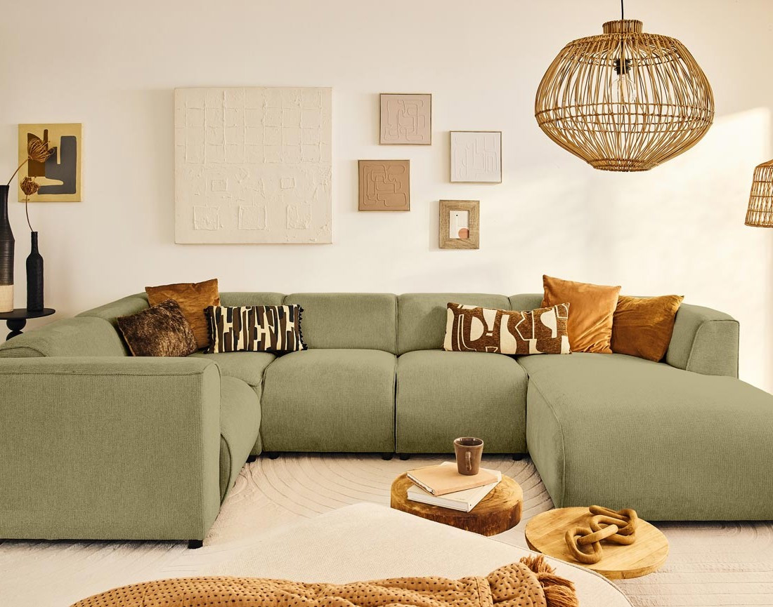 Canapé modulable panoramique d'angle gauche 7 places en tissu texturé Suaro