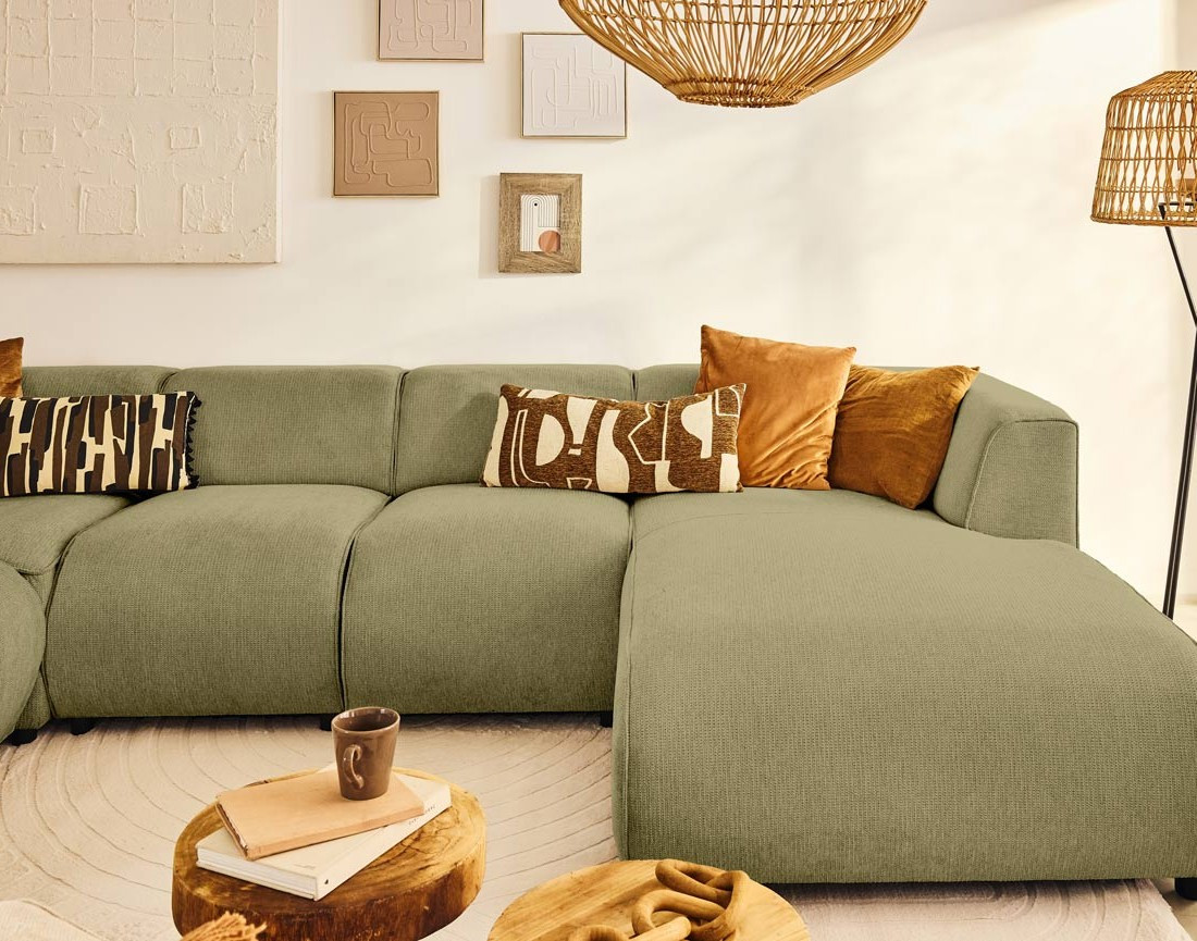 Canapé modulable panoramique d'angle gauche 7 places en tissu texturé Suaro