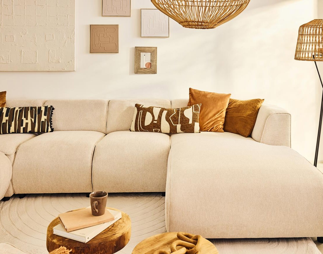 Canapé modulable panoramique d'angle gauche 7 places en tissu texturé Suaro Canapé modulable panoramique d'angle gauche 7 places en tissu texturé Suaro