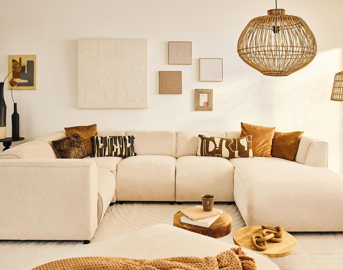 Canapé modulable panoramique d'angle gauche 7 places en tissu texturé Suaro Canapé modulable panoramique d'angle gauche 7 places en tissu texturé Suaro