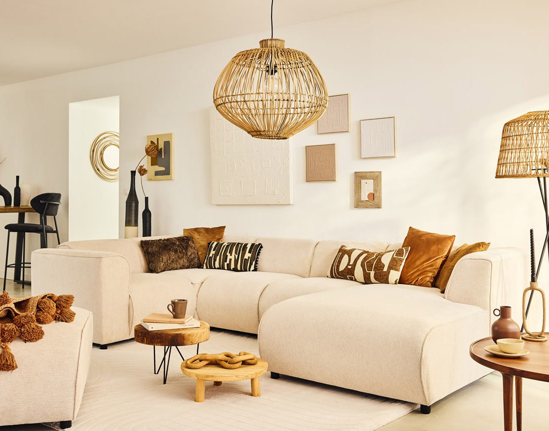 Canapé modulable panoramique d'angle gauche 7 places en tissu texturé Suaro Canapé modulable panoramique d'angle gauche 7 places en tissu texturé Suaro