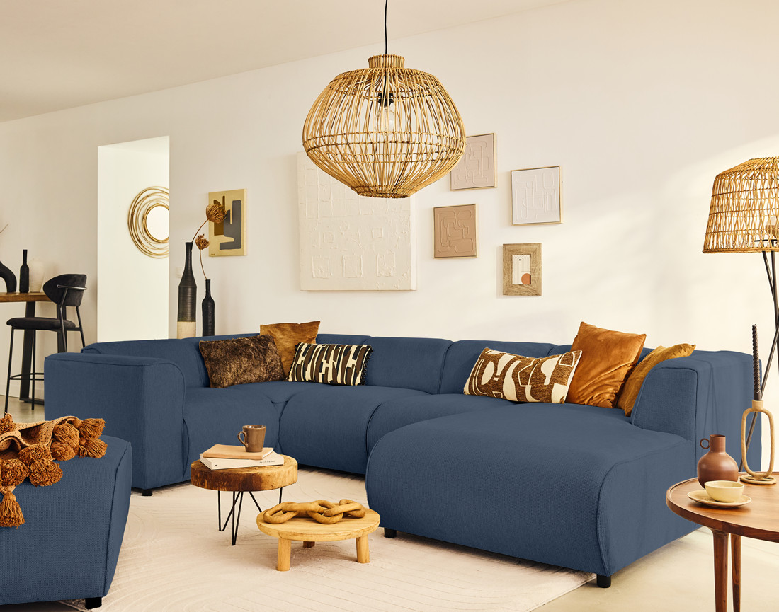 Canapé modulable panoramique d'angle gauche 7 places en tissu texturé Suaro