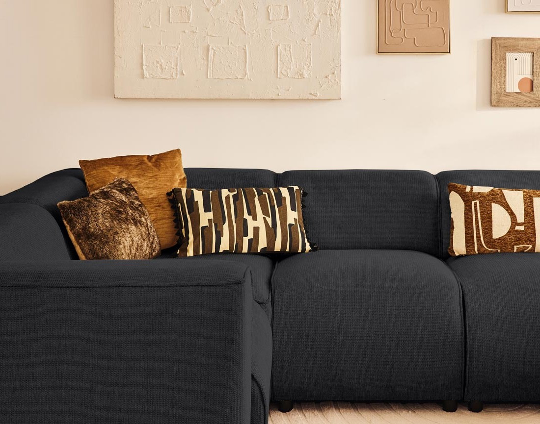 Canapé modulable panoramique d'angle gauche 7 places en tissu texturé Suaro Canapé modulable panoramique d'angle gauche 7 places en tissu texturé Suaro