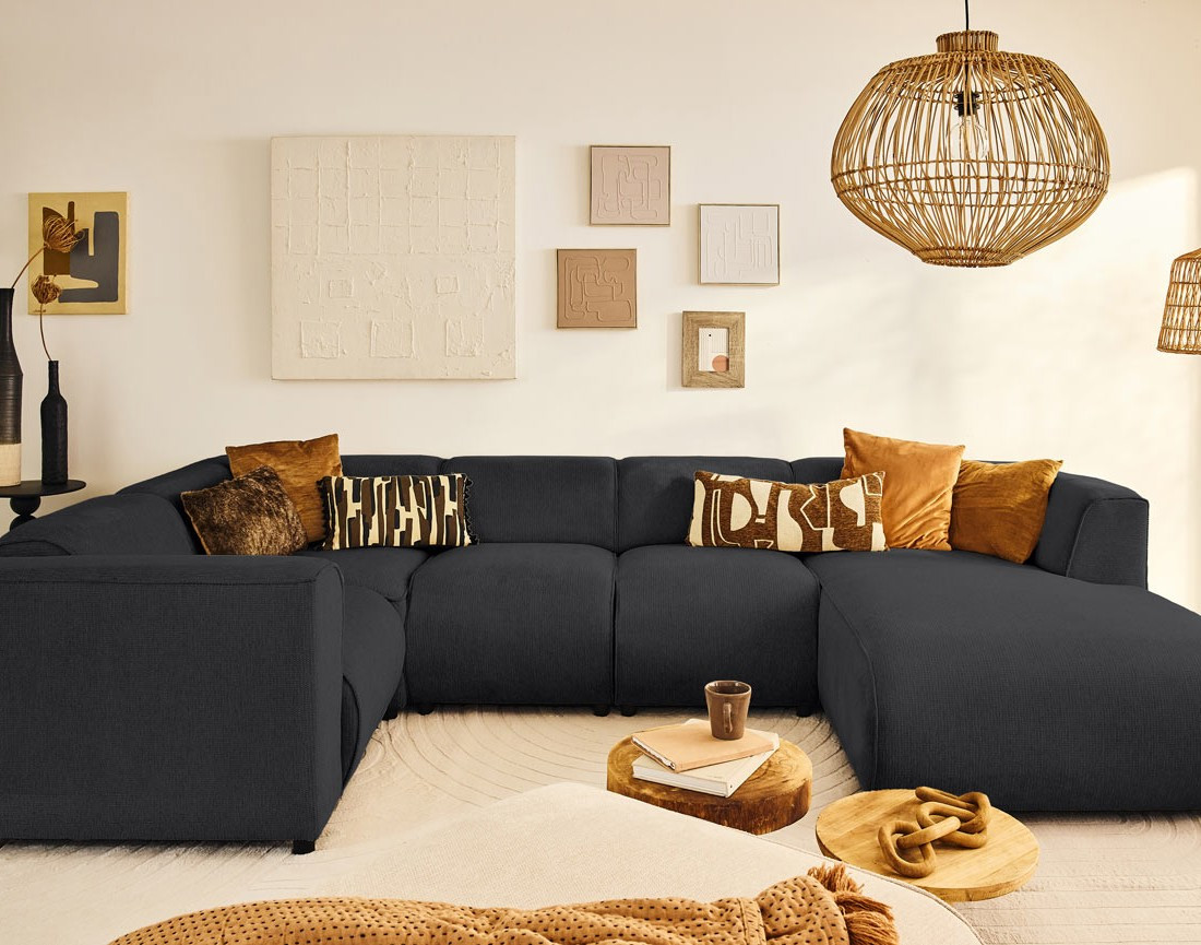 Canapé modulable panoramique d'angle gauche 7 places en tissu texturé Suaro Canapé modulable panoramique d'angle gauche 7 places en tissu texturé Suaro