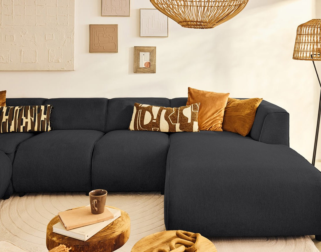 Canapé modulable panoramique d'angle gauche 7 places en tissu texturé Suaro Canapé modulable panoramique d'angle gauche 7 places en tissu texturé Suaro