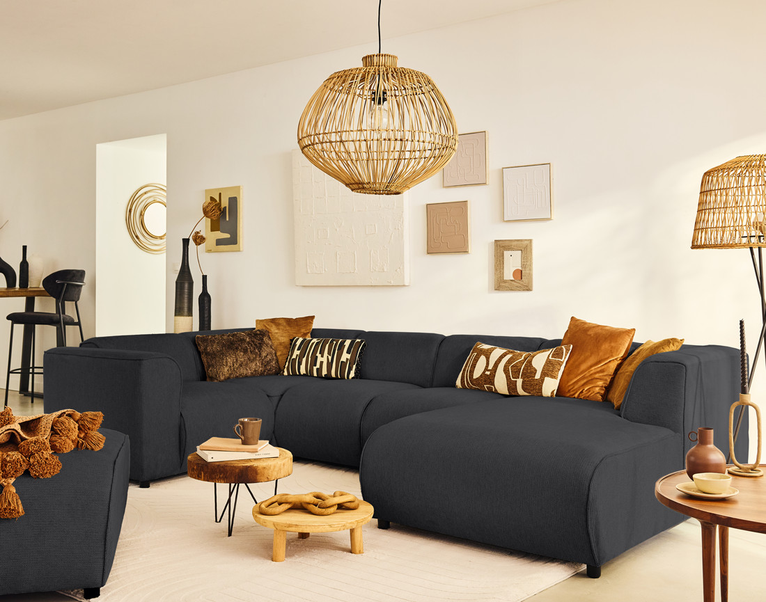 Canapé modulable panoramique d'angle gauche 7 places en tissu texturé Suaro Canapé modulable panoramique d'angle gauche 7 places en tissu texturé Suaro