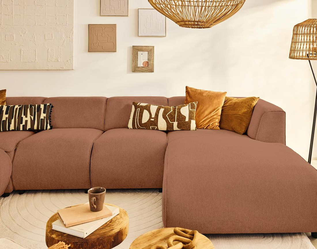 Canapé modulable panoramique d'angle gauche 7 places en tissu texturé Suaro