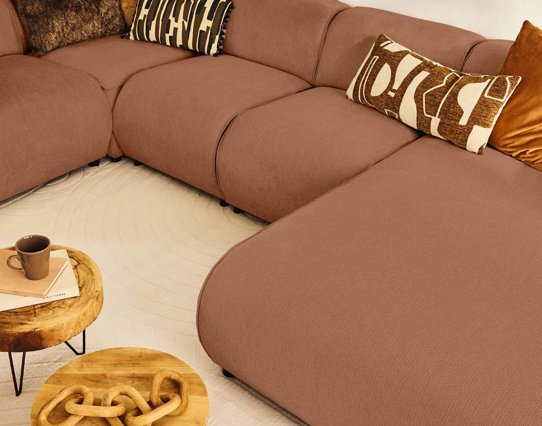 Canapé modulable panoramique d'angle gauche 7 places en tissu texturé Suaro