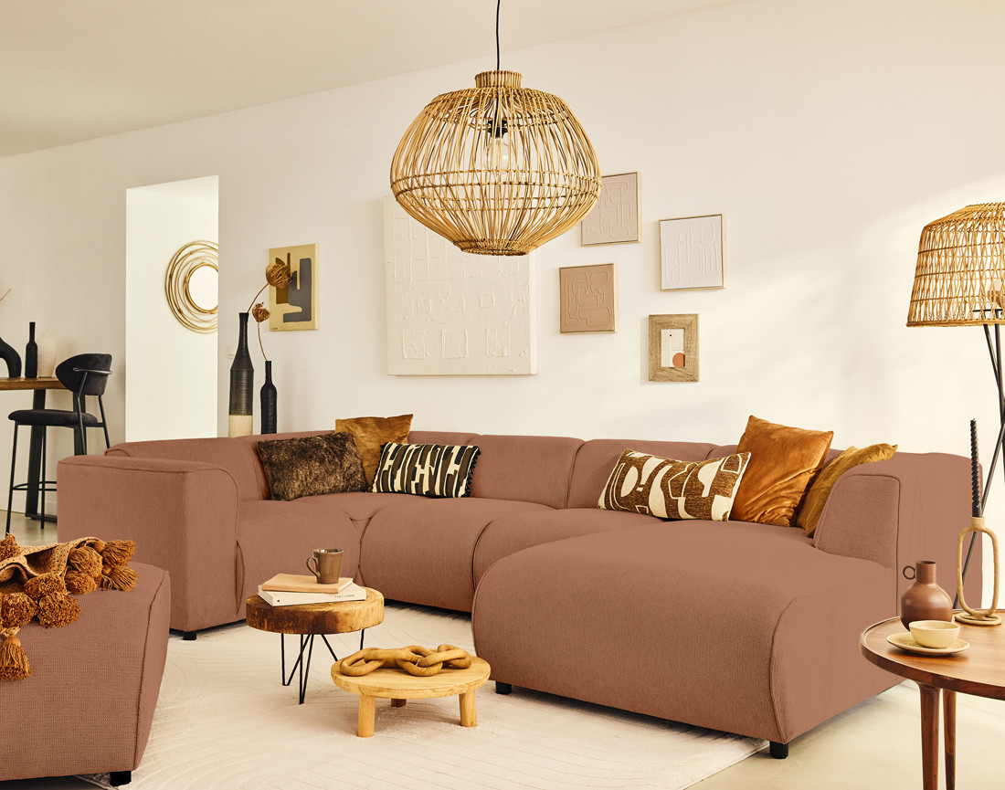 Canapé modulable panoramique d'angle gauche 7 places en tissu texturé Suaro