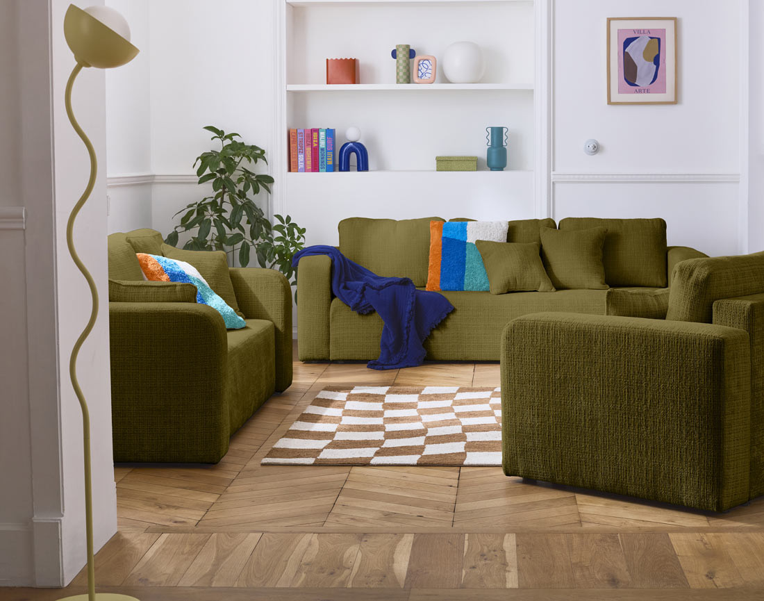 Canapé droit 3 places convertible avec coffre en velours texturé Miro