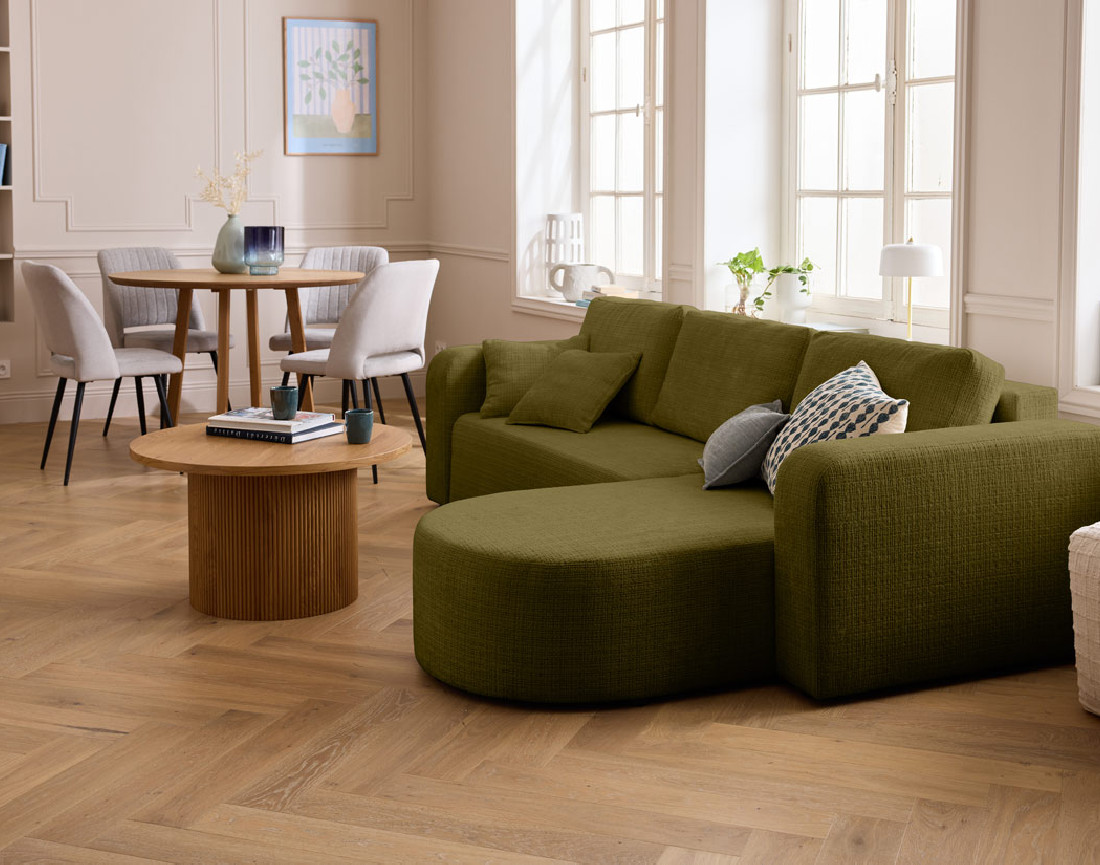 Canapé d'angle réversible 4 places convertible avec coffre en velours texturé Miro