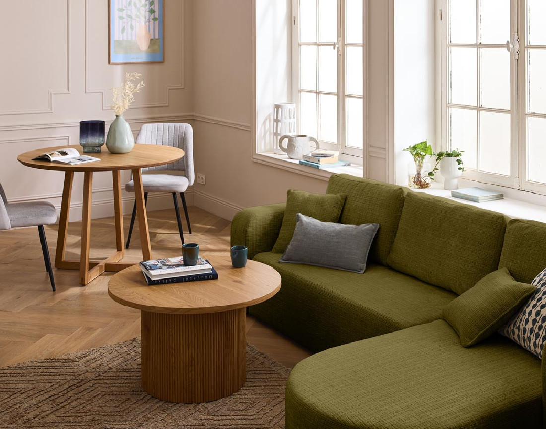 Canapé d'angle réversible 4 places convertible avec coffre en velours texturé Miro