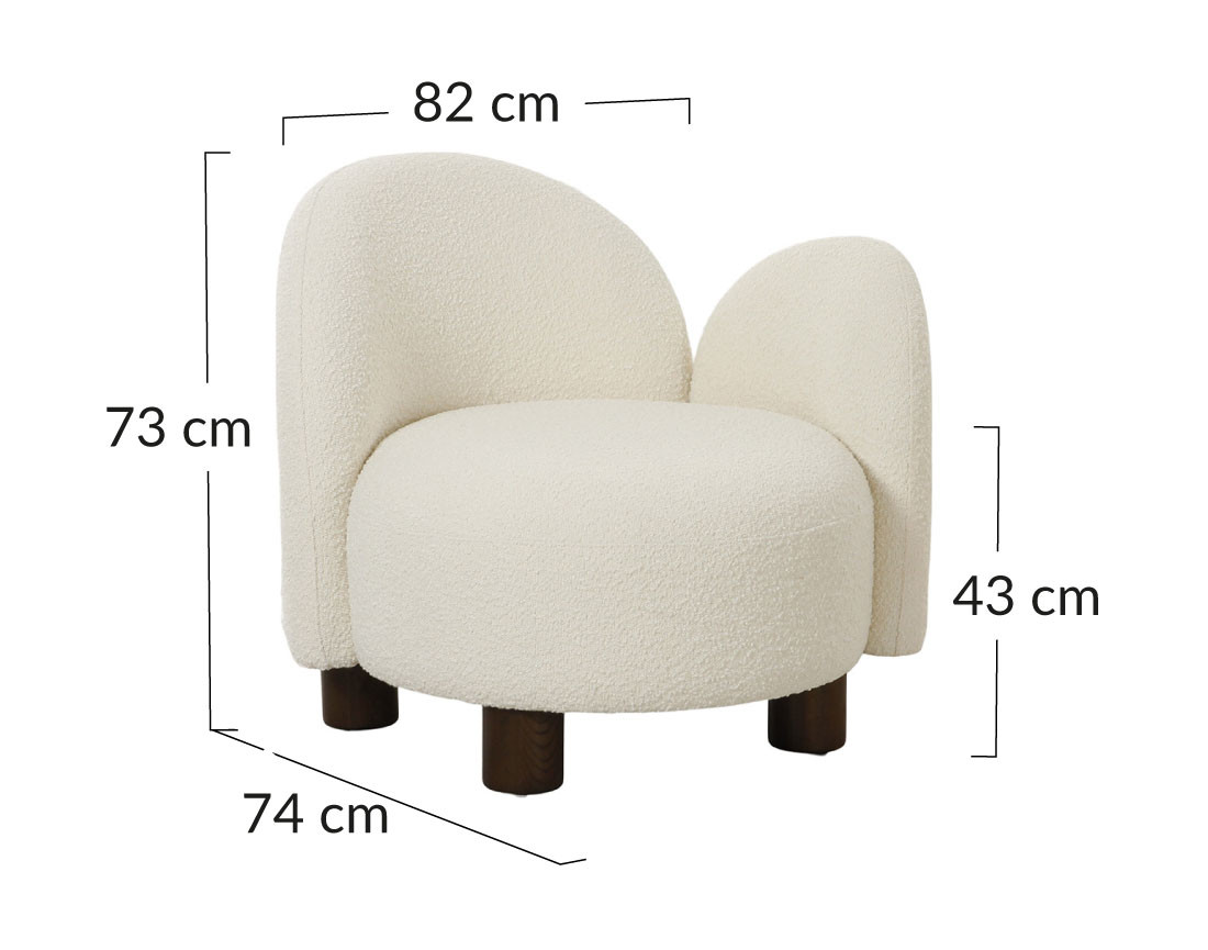 Fauteuil accoudoir droit pieds en frêne massif en tissu bouclette Leonardo