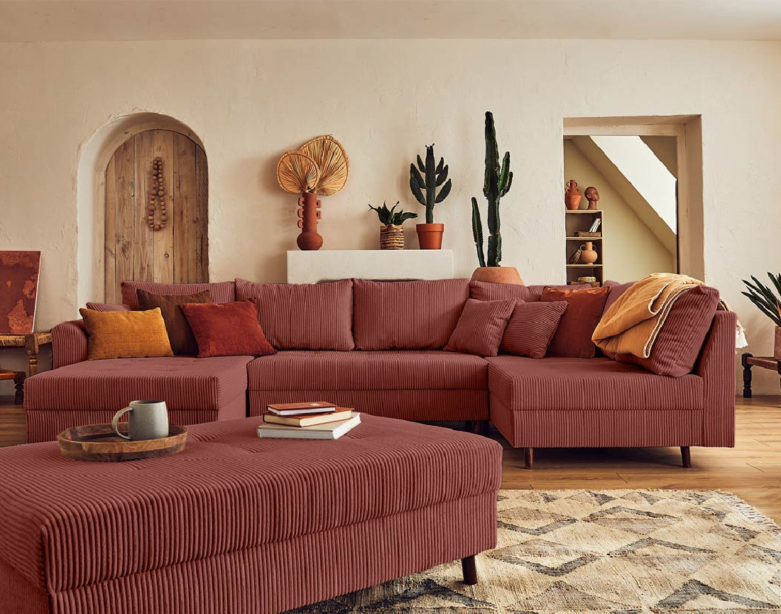 Canapé panoramique d'angle droit 7 places - avec pouf d'appoint - en velours côtelé - Rune