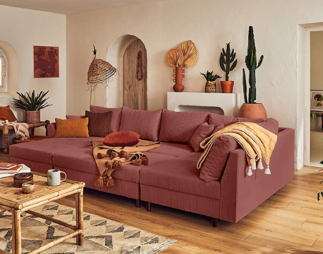 Canapé panoramique d'angle droit 7 places - avec pouf d'appoint - en velours côtelé - Rune