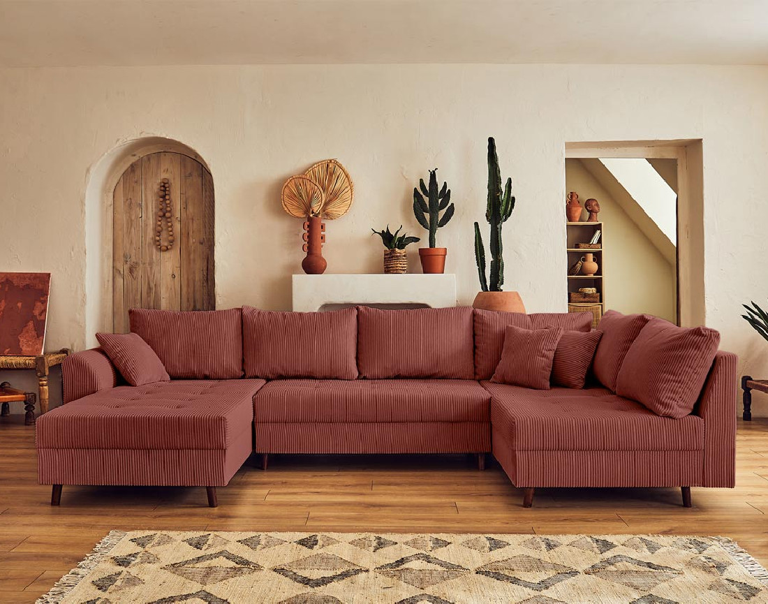 Canapé panoramique d'angle droit 7 places - avec pouf d'appoint - en velours côtelé - Rune