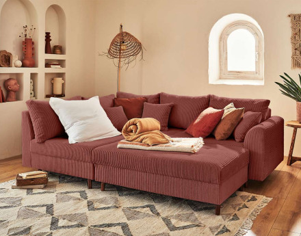 Canapé d'angle gauche - 4 places - avec pouf d'appoint - en velours côtelé - Rune