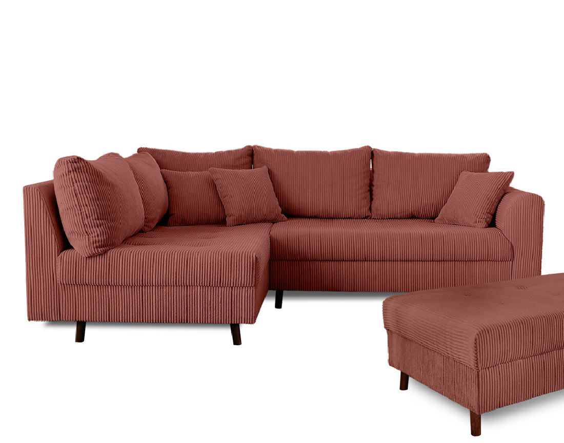 Canapé d'angle gauche - 4 places - avec pouf d'appoint - en velours côtelé - Rune