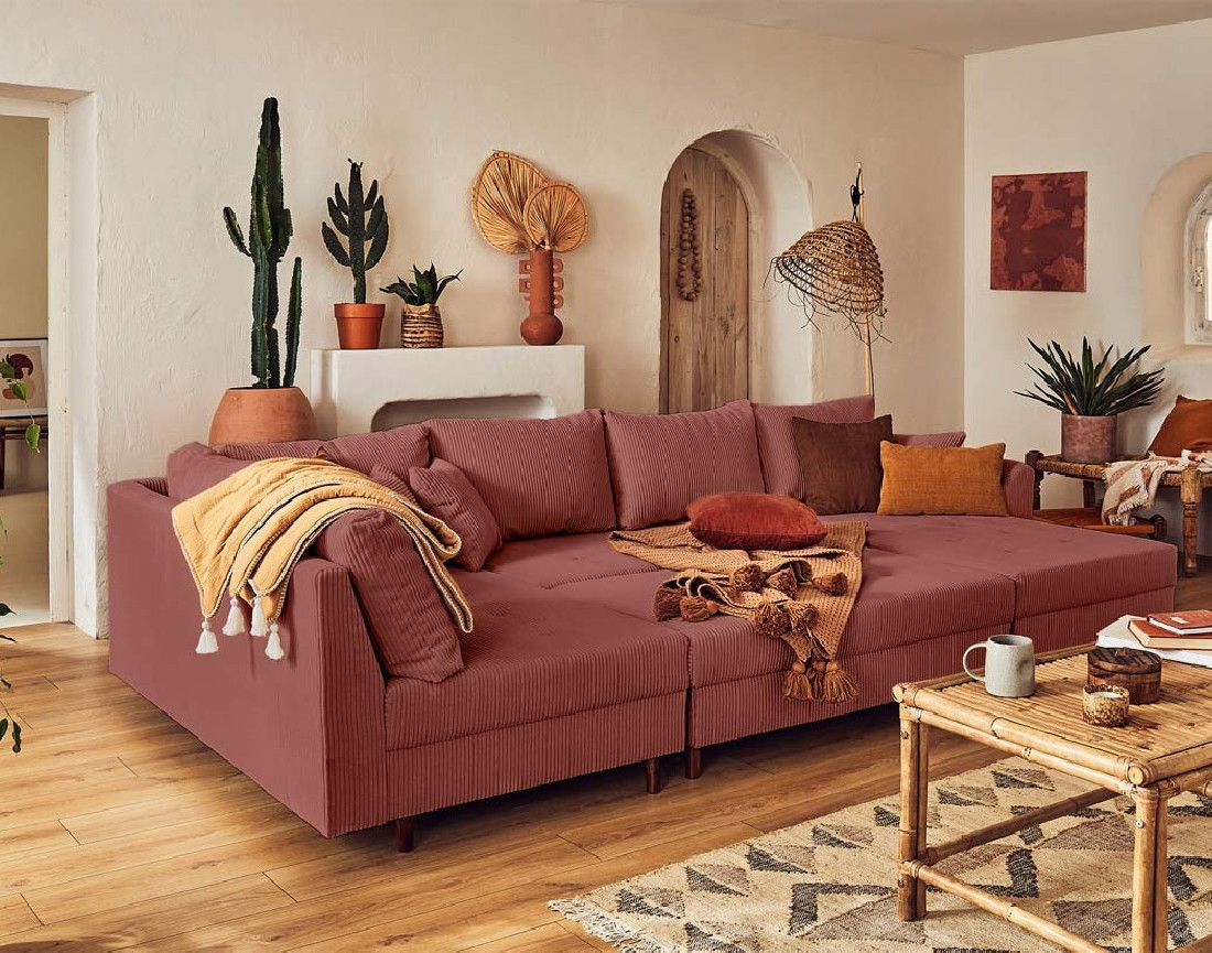 Canapé panoramique d'angle gauche 7 places avec pouf d'appoint - en velours côtelé - Rune