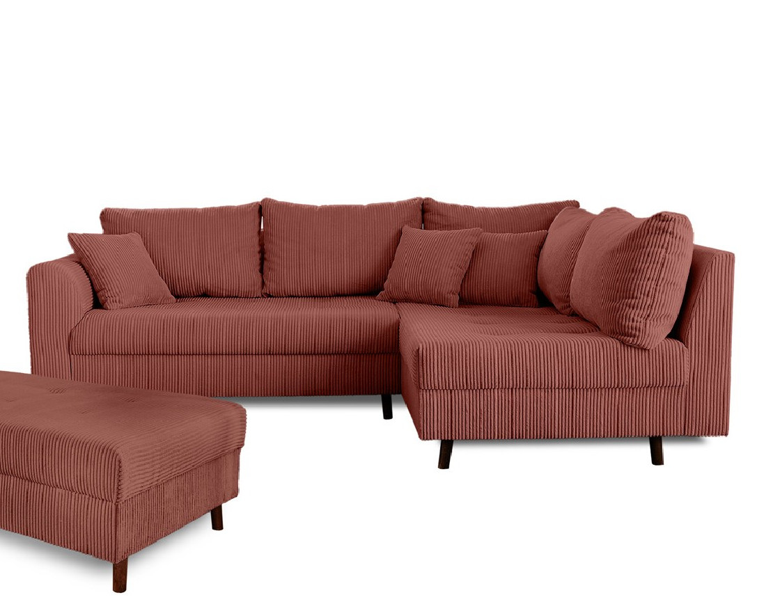 Canapé d'angle droit - 4 places - avec pouf d'appoint - en velours côtelé - Rune