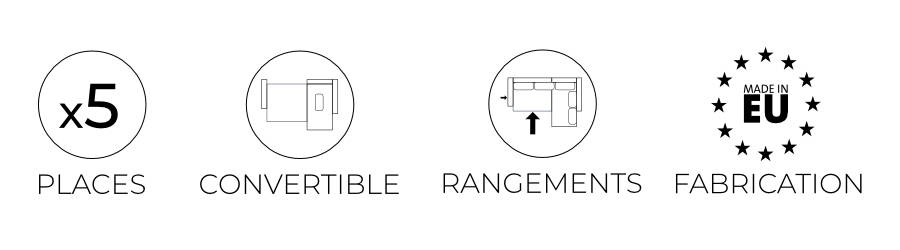 Les atouts du canapé d'angle L Ivar : 5 places, convertible, coffre de rangement et fabrication européenne